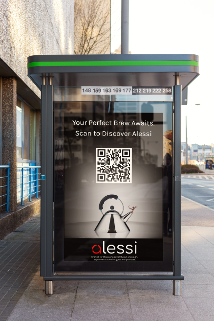 First deliverable: minimalist ad featuring Alessi's new logo and a QR code