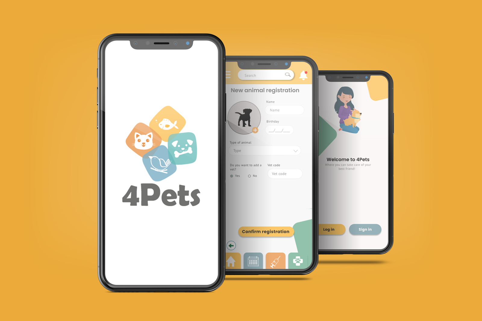 Mockup of a mobile app interface for 4Pets